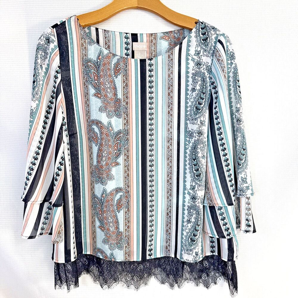 Chico’s Ladies Bell Sleeve Blouse Lace Flowy Boho Paisley - 0 (4-6)